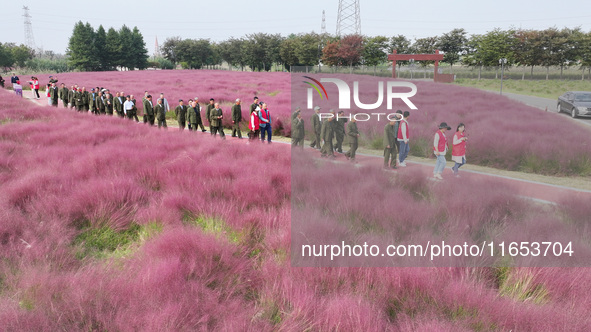 Retired soldiers and teachers visit a scenic spot to celebrate the upcoming Double Ninth Festival in Lianyungang, Jiangsu province, China, o...