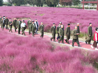 Retired soldiers and teachers visit a scenic spot to celebrate the upcoming Double Ninth Festival in Lianyungang, Jiangsu province, China, o...