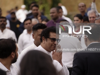 Indian politician Raj Thackeray attends to pay tribute to the mortal remains of Indian industrialist Ratan Tata at the National Centre for t...