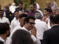 Indian politician Raj Thackeray attends to pay tribute to the mortal remains of Indian industrialist Ratan Tata at the National Centre for t...