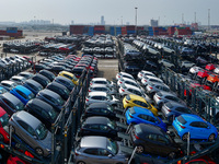 A batch of cars is about to be exported to overseas markets through frame transport at the International Container Terminal in Taicang Port...