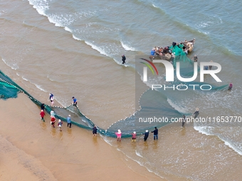 Fishermen cast long nets to catch seafood at the shore of the Yellow Sea in Lingshan Bay, West Coast New District, in Qingdao, China, on Oct...