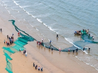 Fishermen cast long nets to catch seafood at the shore of the Yellow Sea in Lingshan Bay, West Coast New District, in Qingdao, China, on Oct...