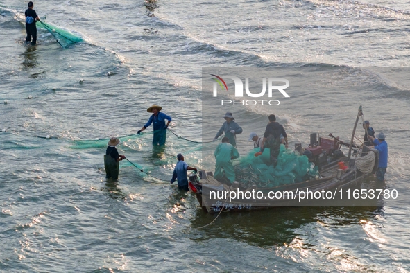 Fishermen cast long nets to catch seafood at the shore of the Yellow Sea in Lingshan Bay, West Coast New District, in Qingdao, China, on Oct...