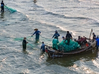 Fishermen cast long nets to catch seafood at the shore of the Yellow Sea in Lingshan Bay, West Coast New District, in Qingdao, China, on Oct...