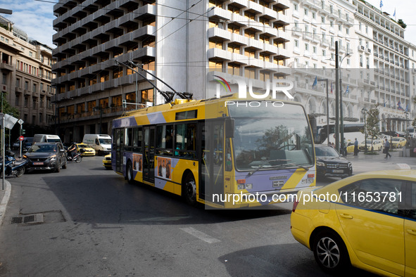 A bus is in the center of Athens, Greece, on October 10, 2024. A new measure for public transportation is announced by the Deputy Minister o...