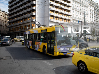 A bus is in the center of Athens, Greece, on October 10, 2024. A new measure for public transportation is announced by the Deputy Minister o...