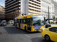 A bus is in the center of Athens, Greece, on October 10, 2024. A new measure for public transportation is announced by the Deputy Minister o...