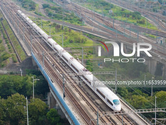 A bullet train runs near Nanjing South Railway Station in Nanjing, China, on October 10, 2024. (