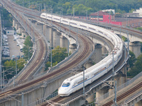 A bullet train runs near Nanjing South Railway Station in Nanjing, China, on October 10, 2024. (