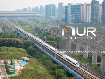 A bullet train runs near Nanjing South Railway Station in Nanjing, China, on October 10, 2024. (