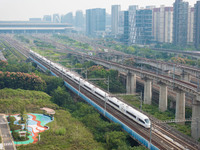 A bullet train runs near Nanjing South Railway Station in Nanjing, China, on October 10, 2024. (