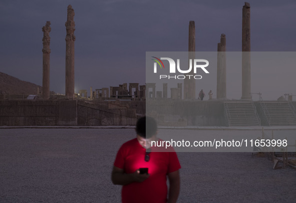 An Iranian man uses his cellphone while visiting the Persepolis historical site near the city of Shiraz in Fars province, about 932 km (579...