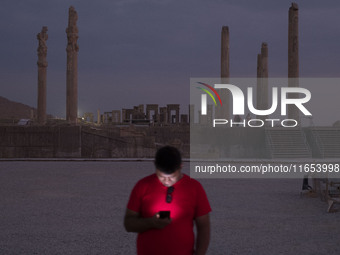 An Iranian man uses his cellphone while visiting the Persepolis historical site near the city of Shiraz in Fars province, about 932 km (579...