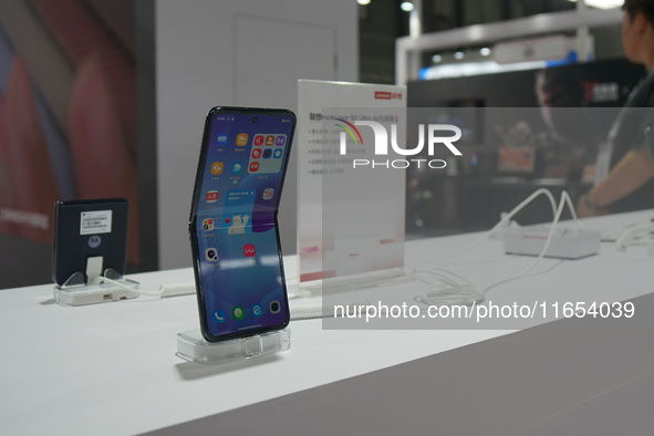 Mobile phone products are displayed at the International Consumer Electronics Show in Shanghai, China, on October 10, 2024. 