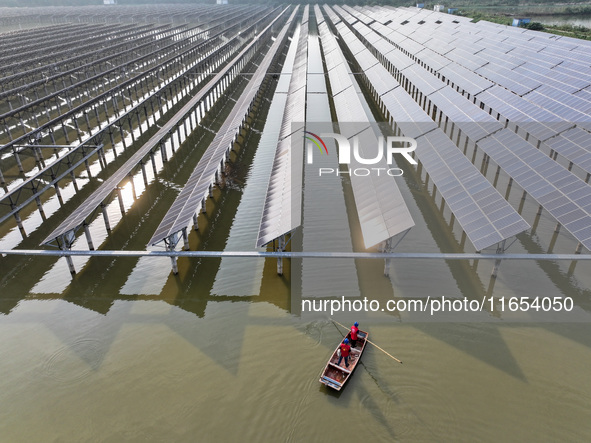 A worker checks photovoltaic equipment at a fishery-solar hybrid base in Suqian, China, on October 10, 2024. 