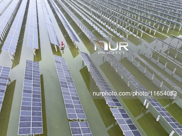 A worker checks photovoltaic equipment at a fishery-solar hybrid base in Suqian, China, on October 10, 2024. 