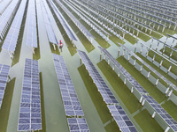 A worker checks photovoltaic equipment at a fishery-solar hybrid base in Suqian, China, on October 10, 2024. (