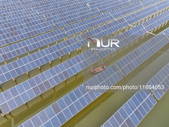 A worker checks photovoltaic equipment at a fishery-solar hybrid base in Suqian, China, on October 10, 2024. 