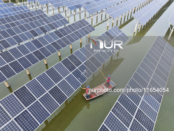 A worker checks photovoltaic equipment at a fishery-solar hybrid base in Suqian, China, on October 10, 2024. 