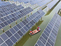 A worker checks photovoltaic equipment at a fishery-solar hybrid base in Suqian, China, on October 10, 2024. (