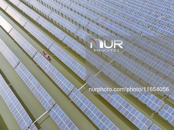 A worker checks photovoltaic equipment at a fishery-solar hybrid base in Suqian, China, on October 10, 2024. 