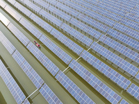 A worker checks photovoltaic equipment at a fishery-solar hybrid base in Suqian, China, on October 10, 2024. (