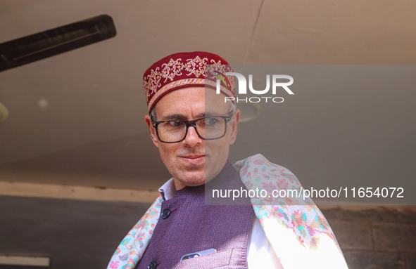 Jammu and Kashmir National Conference (JKNC) party leader Omar Abdullah looks on after a meeting at JKNC headquarters in Srinagar, Jammu and...