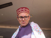 Jammu and Kashmir National Conference (JKNC) party leader Omar Abdullah looks on after a meeting at JKNC headquarters in Srinagar, Jammu and...