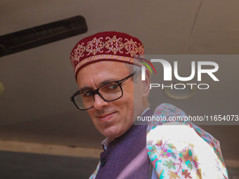 Jammu and Kashmir National Conference (JKNC) party leader Omar Abdullah looks on after a meeting at JKNC headquarters in Srinagar, Jammu and...