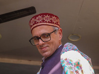 Jammu and Kashmir National Conference (JKNC) party leader Omar Abdullah looks on after a meeting at JKNC headquarters in Srinagar, Jammu and...