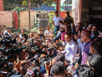 Jammu and Kashmir National Conference (JKNC) party leader Omar Abdullah (Right) speaks with the media after a meeting at JKNC headquarters i...