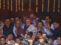 Jammu and Kashmir National Conference (JKNC) party leader Omar Abdullah (center) looks on after a meeting at JKNC headquarters in Srinagar,...