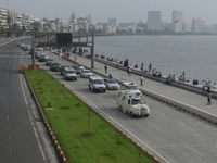 A hearse vehicle is seen with the mortal remains of Indian industrialist Ratan Tata ahead of the cremation in Mumbai, India, on October 10,...