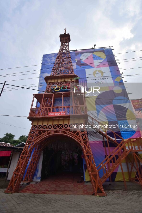 A community 'puja pandal' with a Paris Olympics theme is present during the Durga Puja festival in Nagaon District, Assam, India, on October...