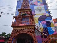 A community 'puja pandal' with a Paris Olympics theme is present during the Durga Puja festival in Nagaon District, Assam, India, on October...