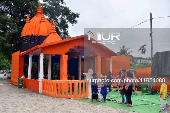 A community 'puja pandal' during the Durga Puja festival in Nagaon District, Assam, India, on October 10, 2024. 