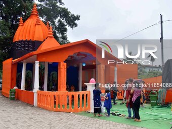 A community 'puja pandal' during the Durga Puja festival in Nagaon District, Assam, India, on October 10, 2024. (