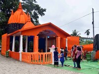 A community 'puja pandal' during the Durga Puja festival in Nagaon District, Assam, India, on October 10, 2024. (