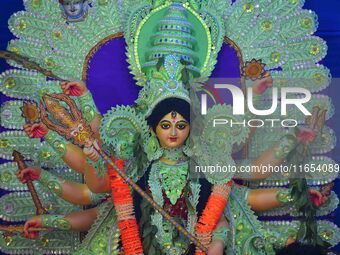 An idol of Goddess Durga is present during the Durga Puja festival in Nagaon District, Assam, India, on October 10, 2024. (