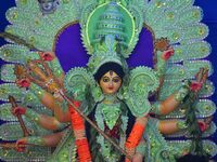 An idol of Goddess Durga is present during the Durga Puja festival in Nagaon District, Assam, India, on October 10, 2024. (