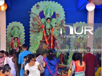 An idol of Goddess Durga is present during the Durga Puja festival in Nagaon District, Assam, India, on October 10, 2024. (