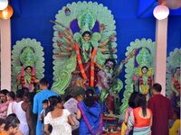 An idol of Goddess Durga is present during the Durga Puja festival in Nagaon District, Assam, India, on October 10, 2024. (