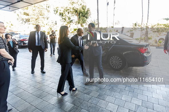 President of Cyprus Nikos Christodoulides is welcomed at Amathus Hotel by the Deputy Minister of Shipping Marina Hadjimanolis in Limassol, C...