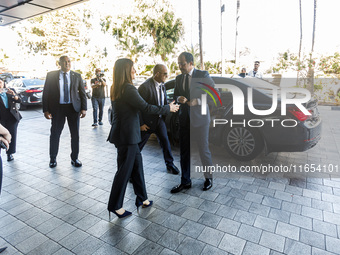 President of Cyprus Nikos Christodoulides is welcomed at Amathus Hotel by the Deputy Minister of Shipping Marina Hadjimanolis in Limassol, C...