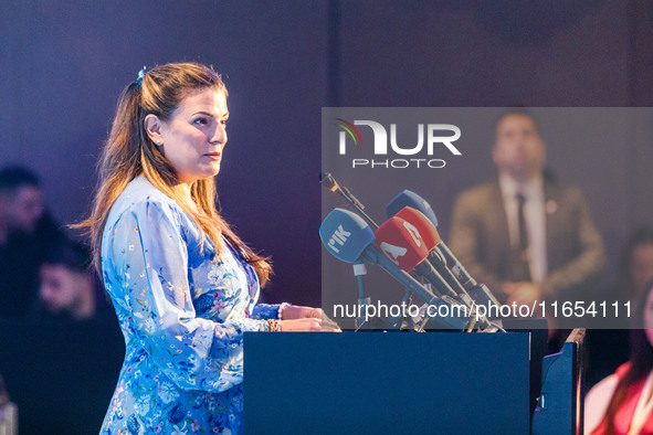 WISTA International President Elpi Petraki gives her speech during the conference in Limassol, Cyprus, on October 10, 2024. The WISTA Intern...