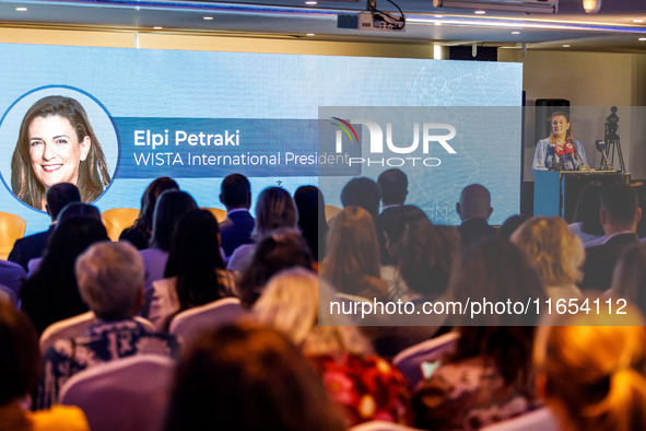 WISTA International President Elpi Petraki gives her speech during the conference in Limassol, Cyprus, on October 10, 2024. The WISTA Intern...