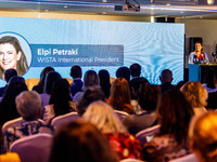 WISTA International President Elpi Petraki gives her speech during the conference in Limassol, Cyprus, on October 10, 2024. The WISTA Intern...