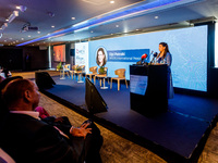 WISTA International President Elpi Petraki gives her speech during the conference in Limassol, Cyprus, on October 10, 2024. The WISTA Intern...