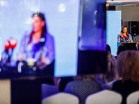 WISTA International President Elpi Petraki gives her speech during the conference in Limassol, Cyprus, on October 10, 2024. The WISTA Intern...